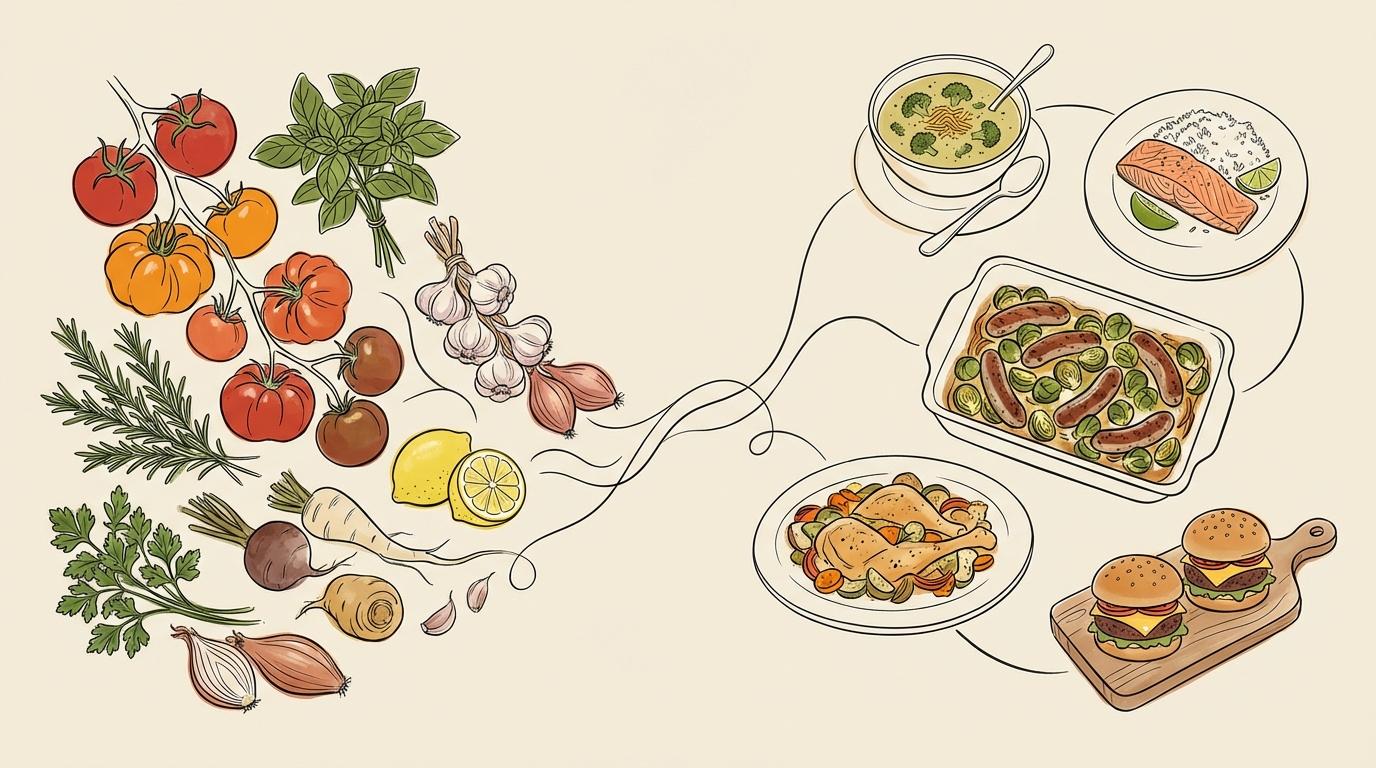 Fresh ingredients flowing into finished family meals